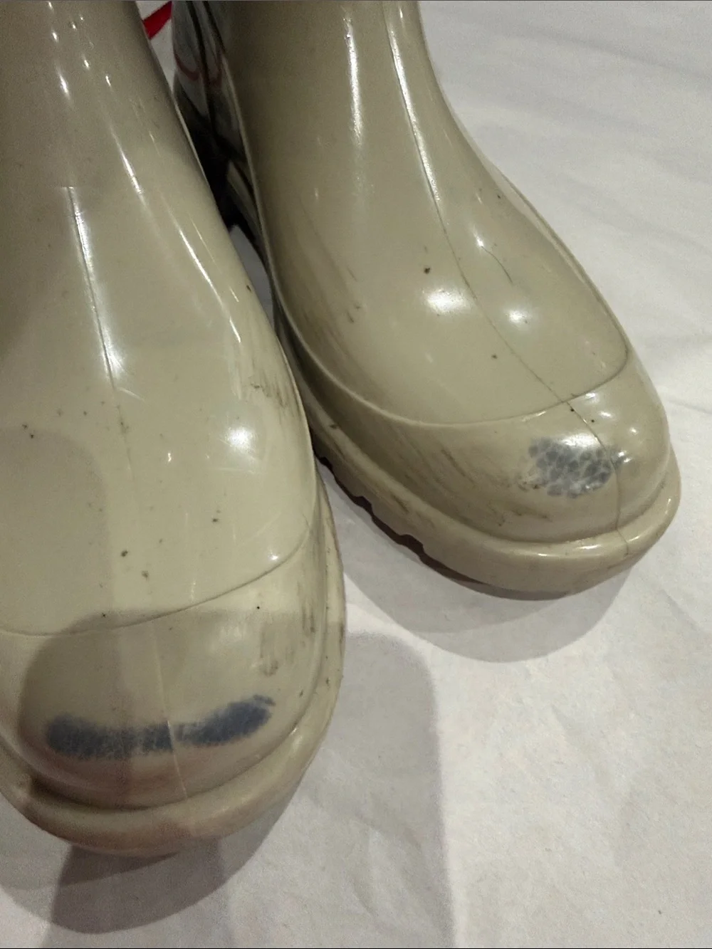 Burberry Cream Tall Rain Boots with Gold Buckle Strap